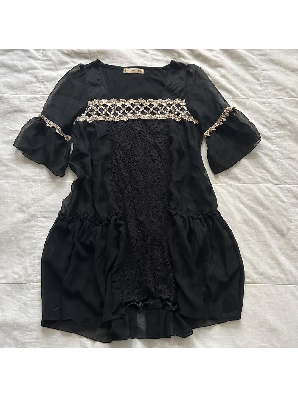 Japanese Brand Black Crochet Lace Tunic Dress Bell Sleeve Medium Japan